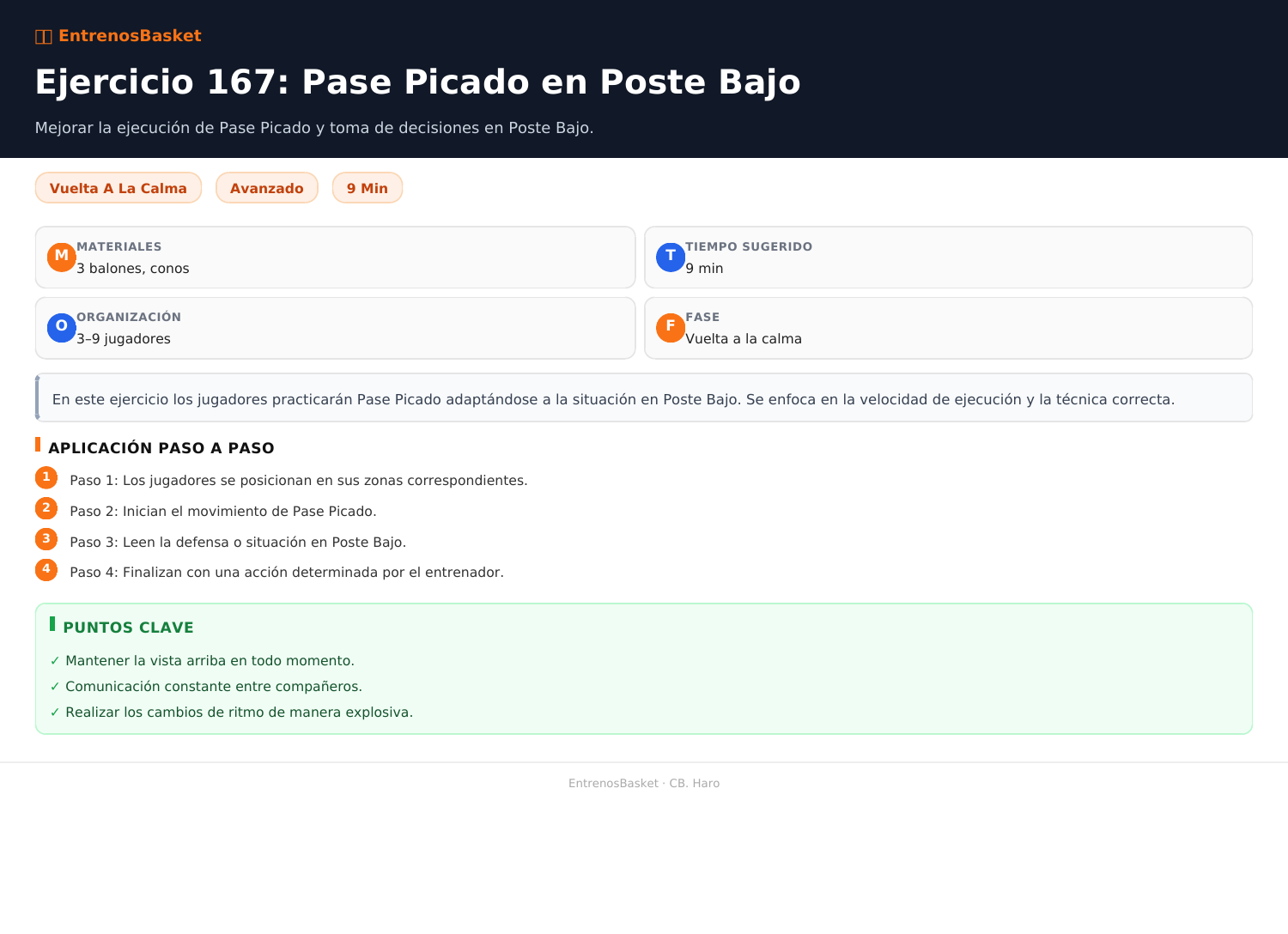 Ejercicio 167: Pase Picado en Poste Bajo