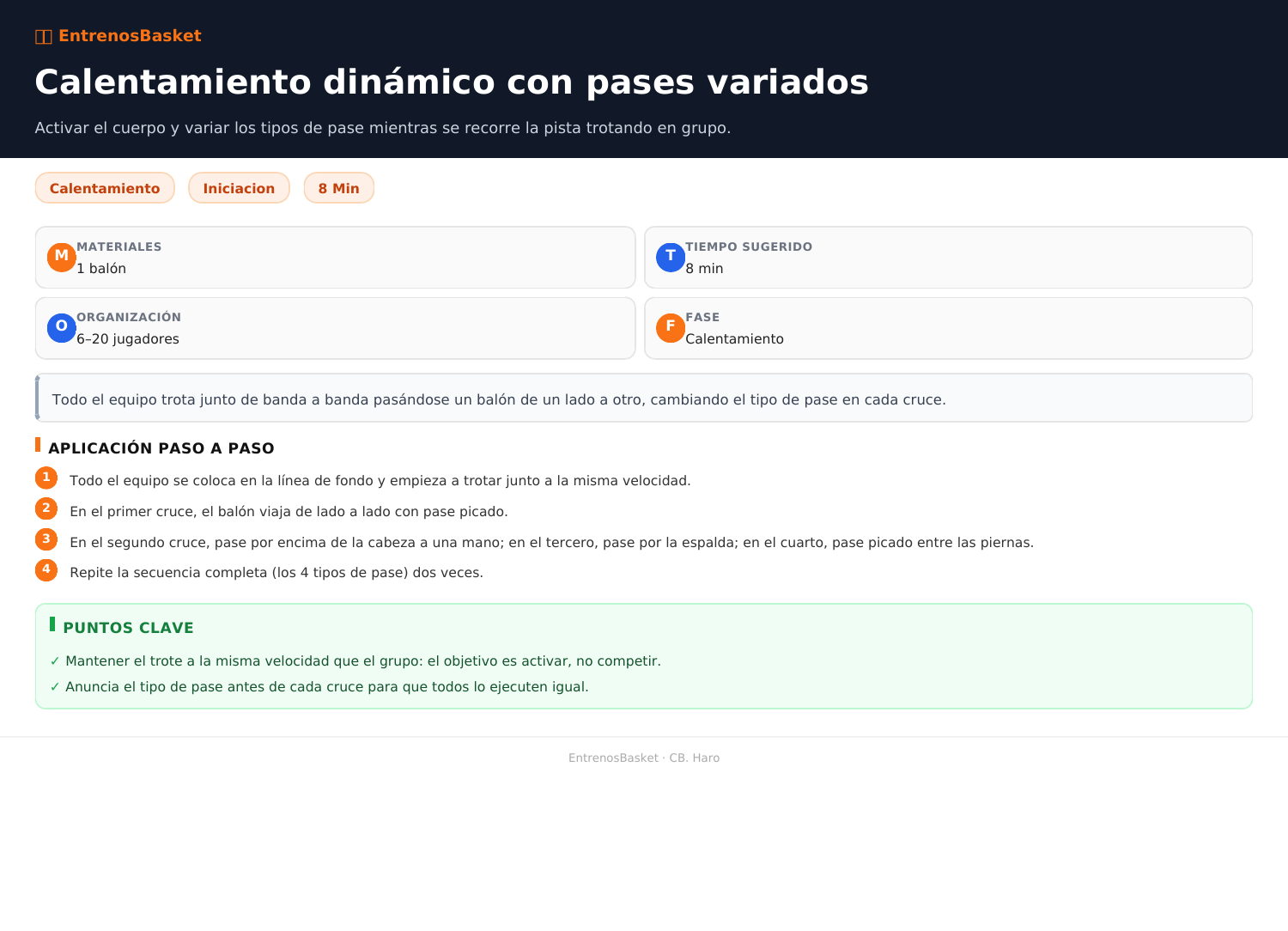Calentamiento dinámico con pases variados