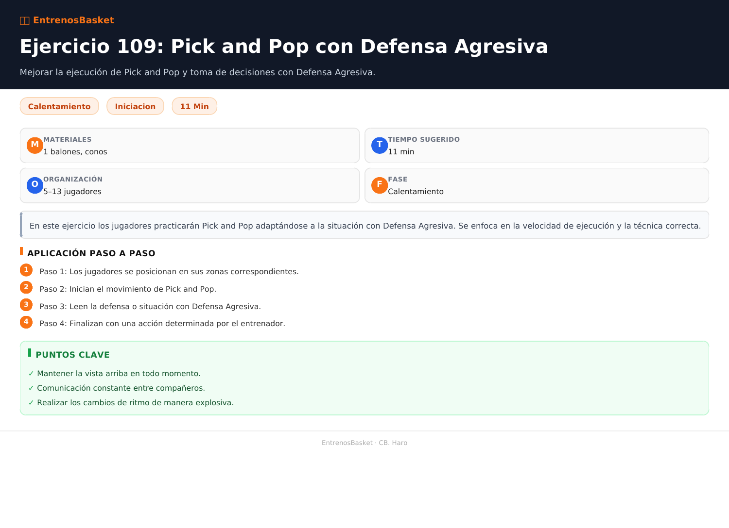 Ejercicio 109: Pick and Pop con Defensa Agresiva