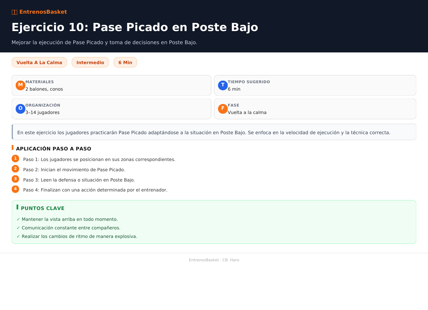 Ejercicio 10: Pase Picado en Poste Bajo